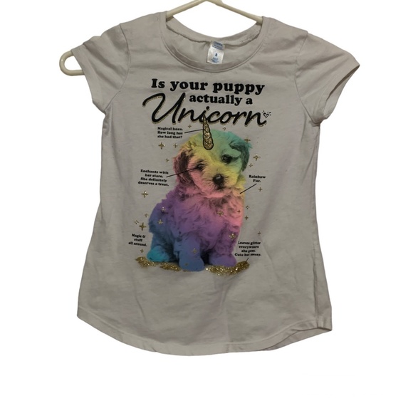 4/$20 Puppy unicorn girls graphic T-shirt sz 8 - Picture 1 of 7
